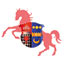 Vor der Darstellung eines roten Pferdes befindet sich das Wappen des Linslerhofs